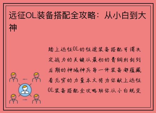 远征OL装备搭配全攻略：从小白到大神